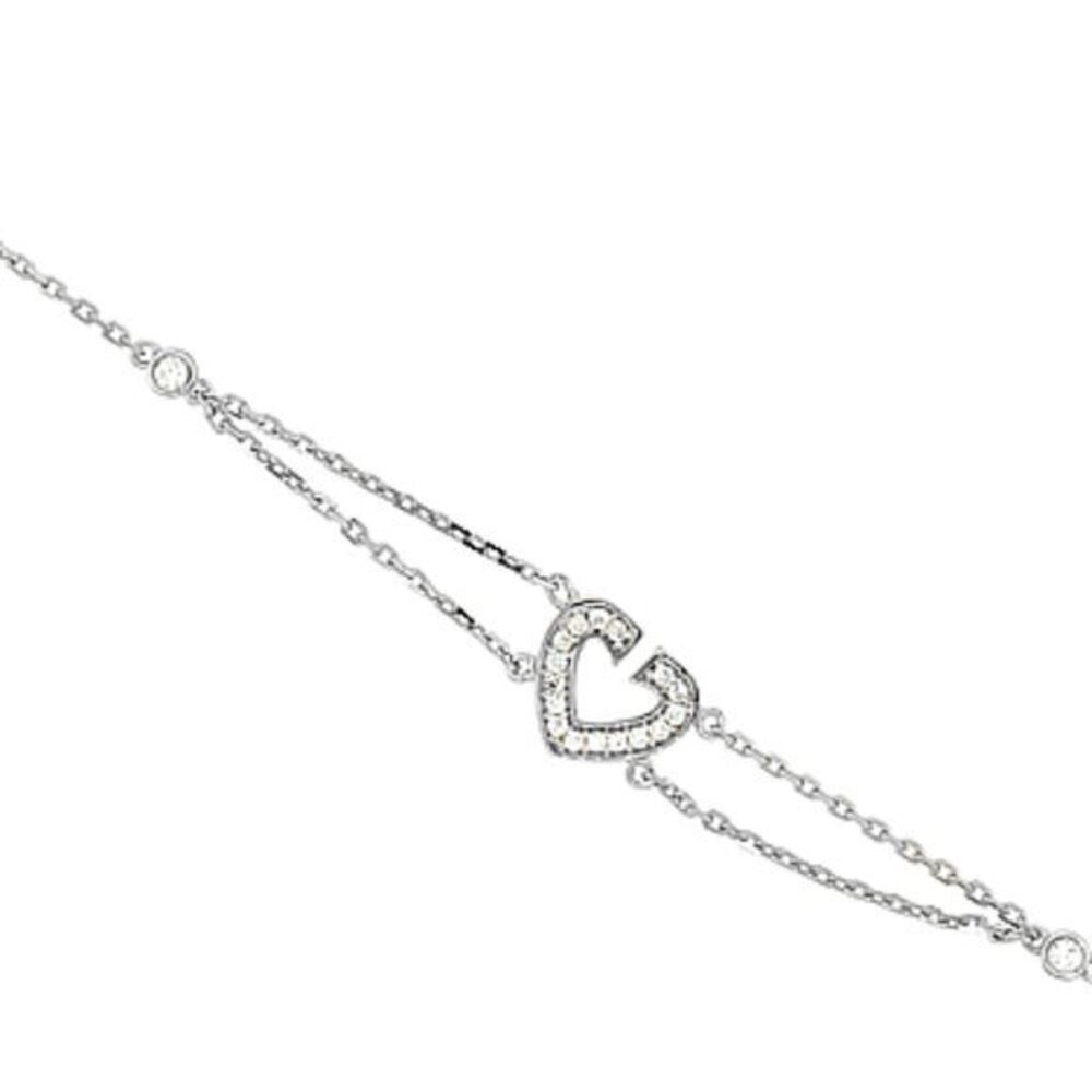 Sterling Silver Micro Pave Cubic Zirconia Heart Charm Bracelet, 8 inches long